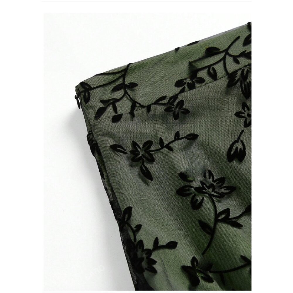 Floral Flocking Tulle Long A-Line Skirt Green - Picture 6 of 11